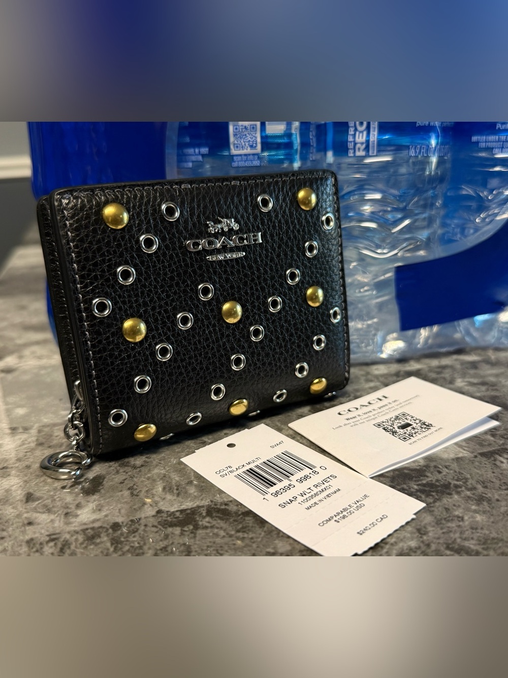 Coach Snap Wallet With Rivets Black Leather Silver & Gold